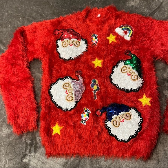 Soft Plush Fuzzy Christmas Sweater Vintage Inspired Sequins Santa Star Holiday - Picture 1 of 17